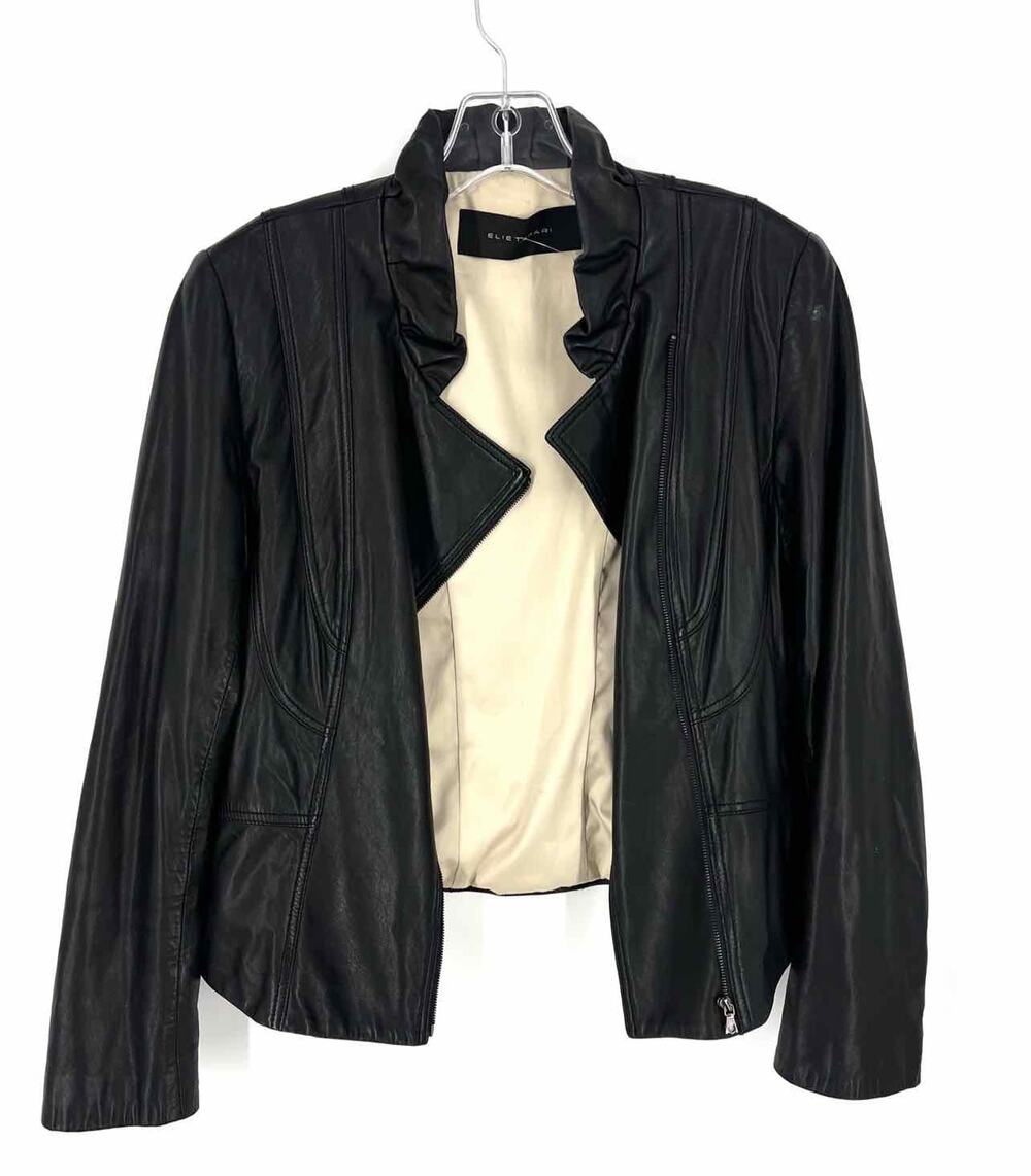 Elie Tahari Size S ? Black Ruffle Collar Leather Designer Jacket